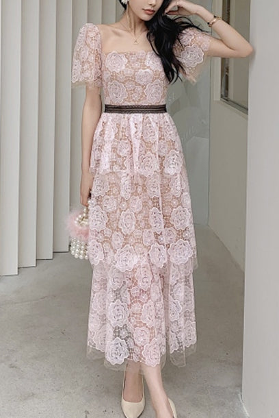 Bell Sleeves Floral Lace Midi Tiered Dress