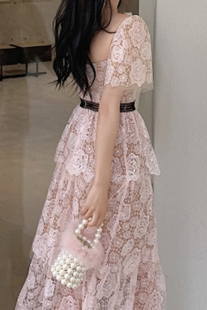 Bell Sleeves Floral Lace Midi Tiered Dress