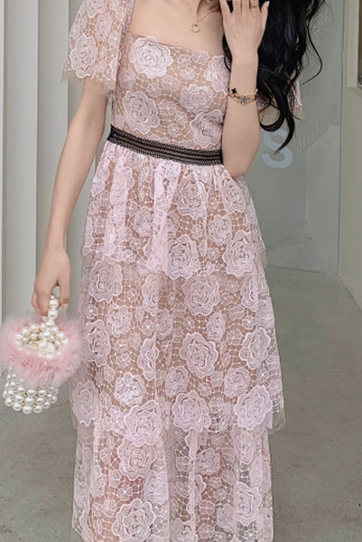 Bell Sleeves Floral Lace Midi Tiered Dress