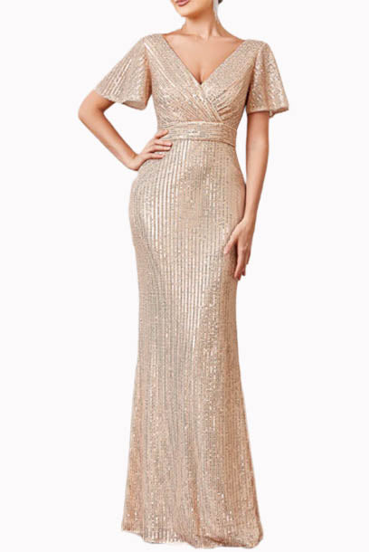 Bell Sleeves Rose Gold Mermaid Evening Gown