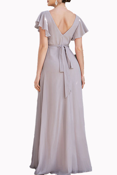 Bell Sleeves Liliac V Neckline Evening Gown