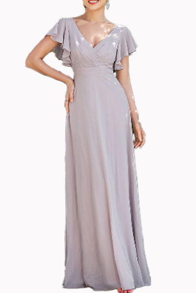 Bell Sleeves Liliac V Neckline Evening Gown