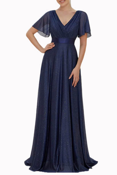 Bell Sleeves Navy Evening Gown