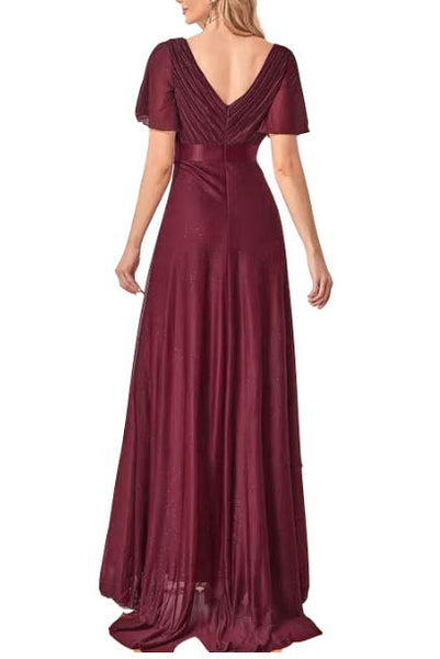 Bell Sleeves Burgundy Evening Gown