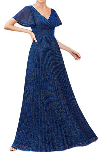 Bell Sleeves Shimmer Blue Evening Gown