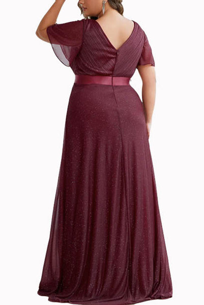 Plus Size Bell Sleeves Burgundy Evening Gown
