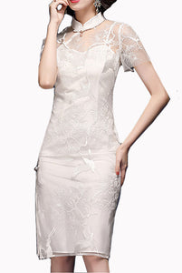 Short Sleeves White Lace Qipao Cheongsam