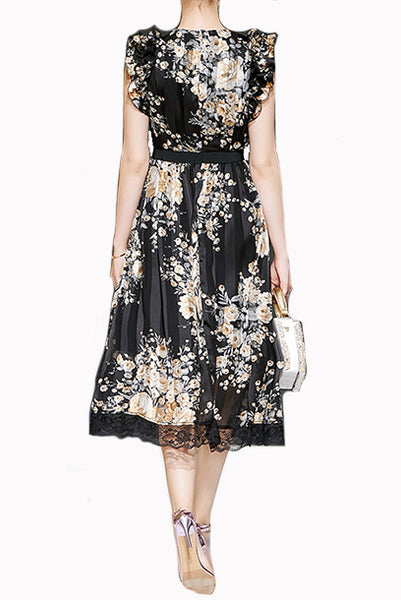 Sleeveless Black Floral Midi Chiffon Dress