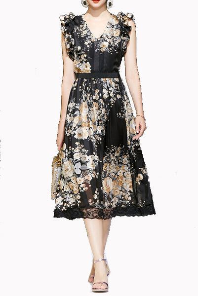 Sleeveless Black Floral Midi Chiffon Dress