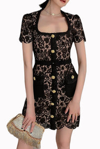 Black Guipure Lace Mini Dress