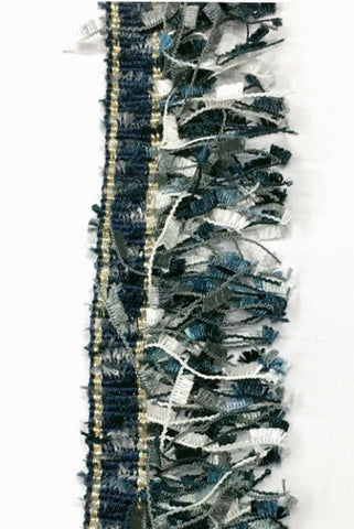 Cheongsam 旗袍 Blue Grey White Tweed Tassel Trims Fringe