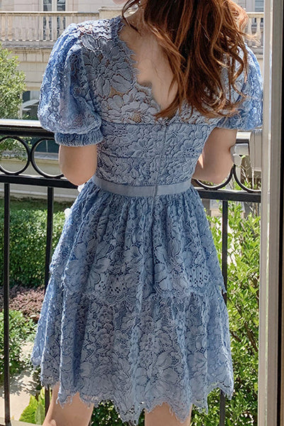 Puffed Sleeves Blue Lace Tiered Midi Dress
