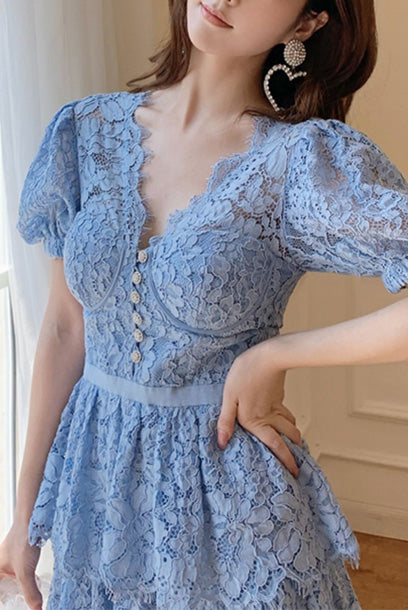 Puffed Sleeves Blue Lace Tiered Midi Dress