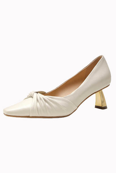 Bow Leather Pumps with Gold Heels