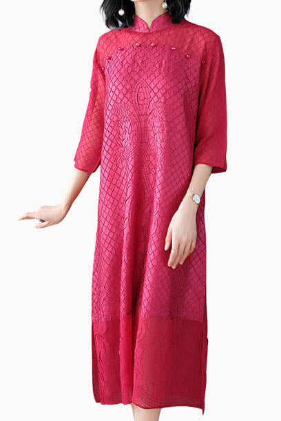 3/4 Sleeves Pleats Please Cheongsam Dress