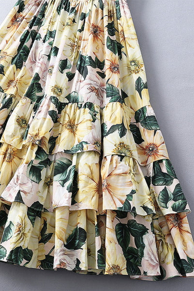Sleeveless Bustier Camelia Floral Midi Tiered Skirt Dress