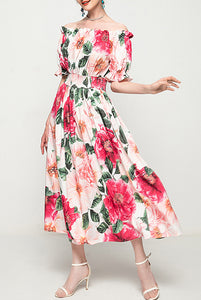 Off-the-shoulder Camellia Smocked Waist Midi Dress