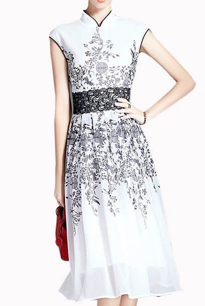 Cap Sleeves Floral Cheongsam Qipao