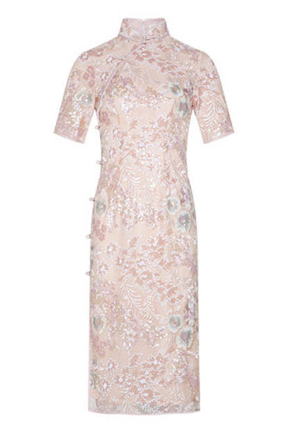 Short Sleeves Pink Sequin Lace Cheongsam Qipao