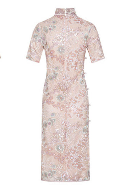 Cap Sleeves Floral Embroidered Lace Cheongsam Qipao