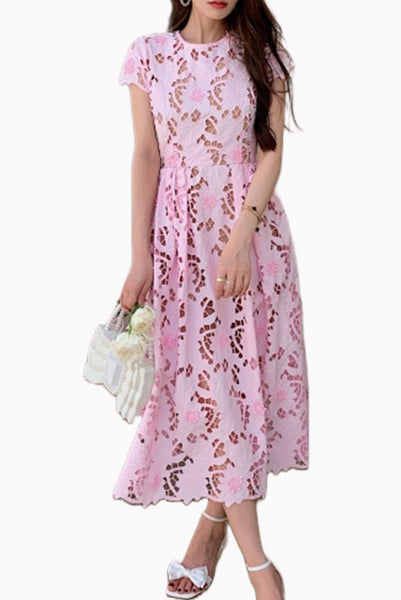 Cap Sleeves Pink Guipure Lace Dress