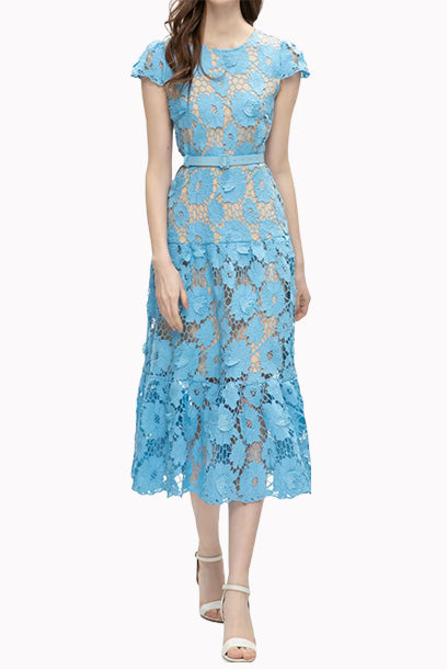 Cap Sleeves Guipure Lace Midi Dress