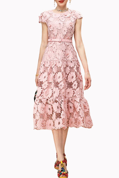 Cap Sleeves Guipure Lace Midi Dress