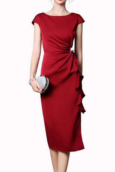 Cap Sleeves Red Pencil Ruched Dress