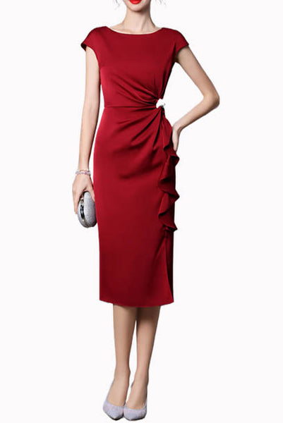 Cap Sleeves Red Pencil Ruched Dress