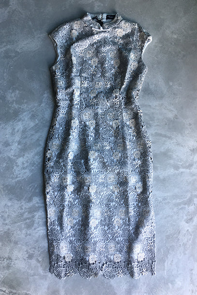 Cap Sleeves Silver Colourblock Lace Midi Cheongsam