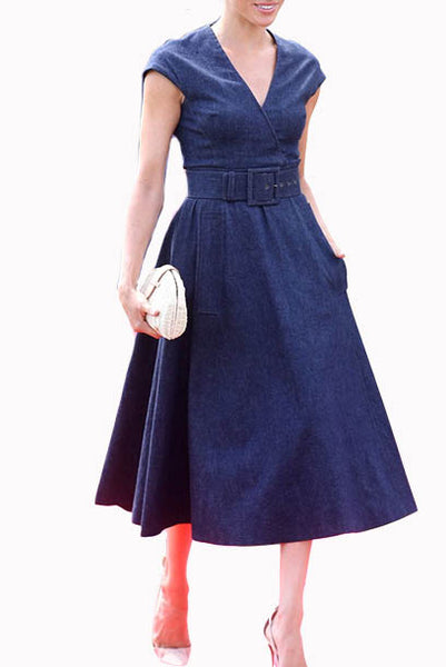 Cap Sleeves V Neck Denim Dress