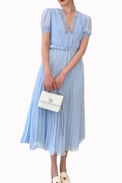 Puffed Sleeves Chiffon V Neck Midi Dress