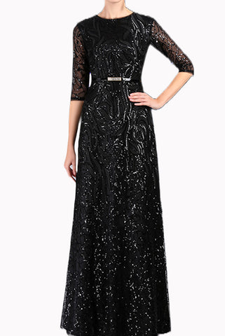 Elbow Sleeves Sequin Black Evening Gown
