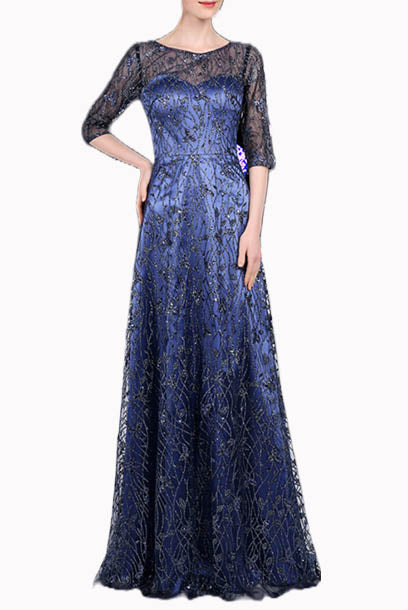Elbow Sleeves Sequin Blue Evening Gown