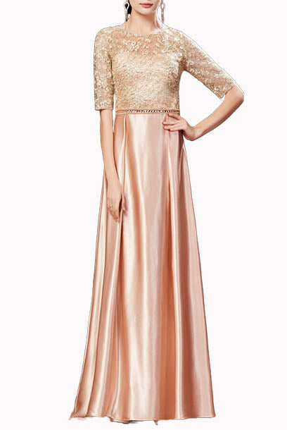 Elbow Sleeves Champagne Evening Gown