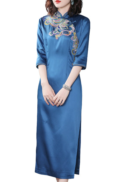 Elbow Sleeves Blue Embroidered Qipao Cheongsam