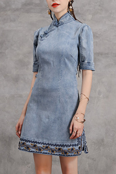 Elbow Sleeves Denim Qipao Cheongsam