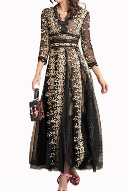 Elbow Sleeves Floral Lace Midi Dress