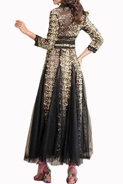 Elbow Sleeves Floral Lace Midi Dress