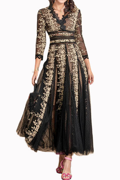 Elbow Sleeves Floral Lace Midi Dress