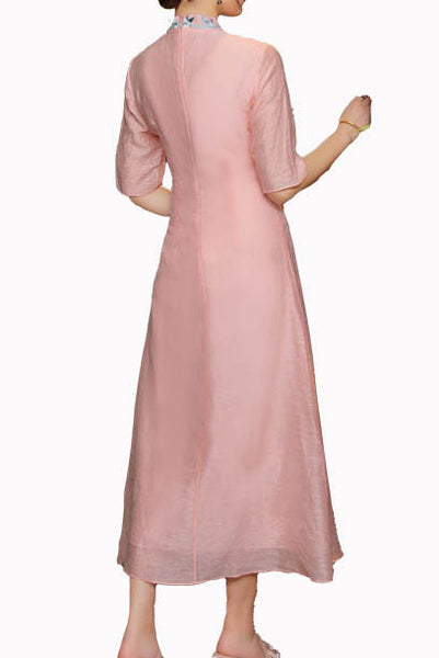 Elbow Sleeves Pink Embroidered Qipao Cheongsam
