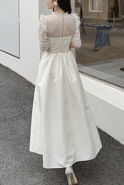 Elbow Sleeves Polka Dots Taffeta Midi Dress