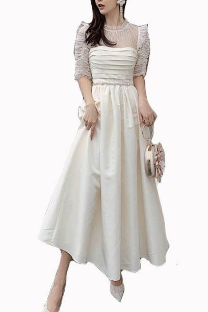 Elbow Sleeves Polka Dots Taffeta Midi Dress