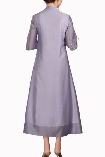 Elbow Sleeves Purple Embroidered Qipao Cheongsam