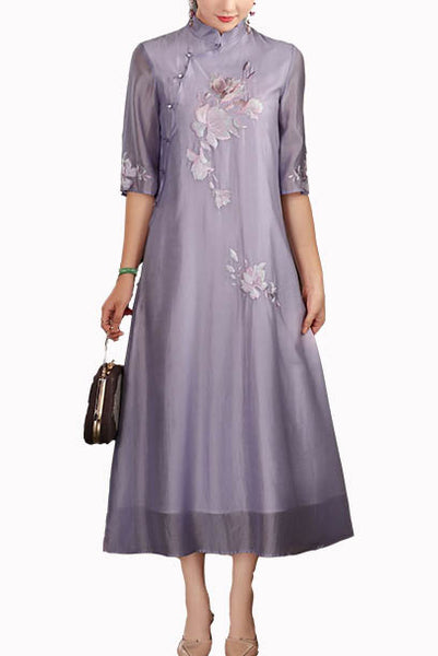 Elbow Sleeves Purple Embroidered Qipao Cheongsam
