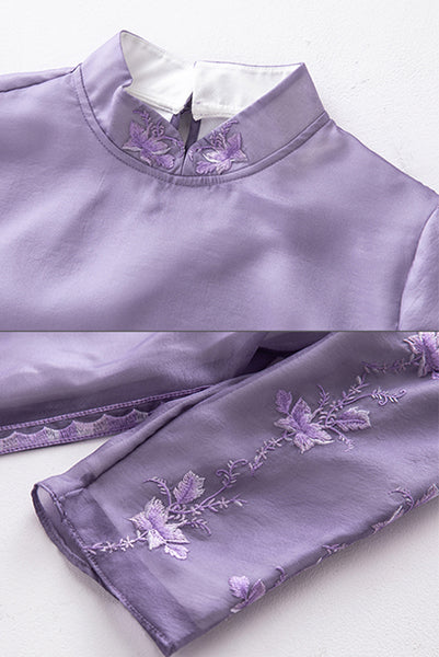 Elbow Sleeves Purple Pink Embroidered Qipao Cheongsam