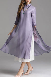 Elbow Sleeves Purple Pink Embroidered Qipao Cheongsam