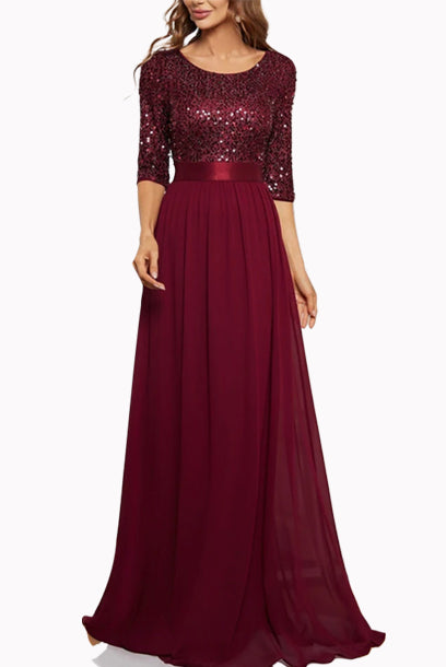 Elbow Sleeves Sequin Chiffon Evening Dress