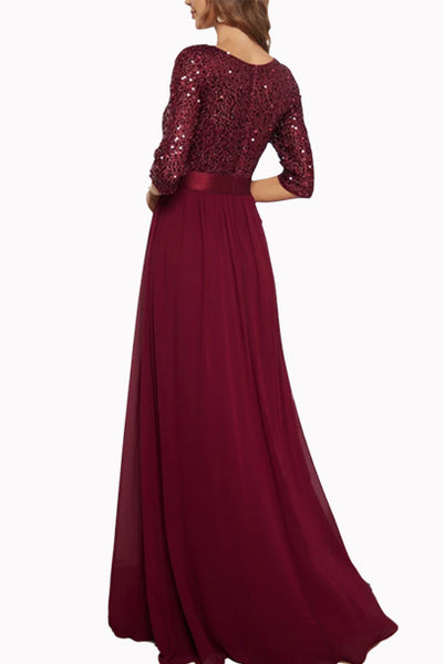 Elbow Sleeves Sequin Chiffon Evening Dress