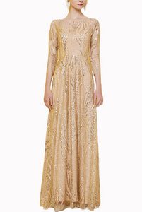Elbow Sleeves Sequin Gold Evening Gown